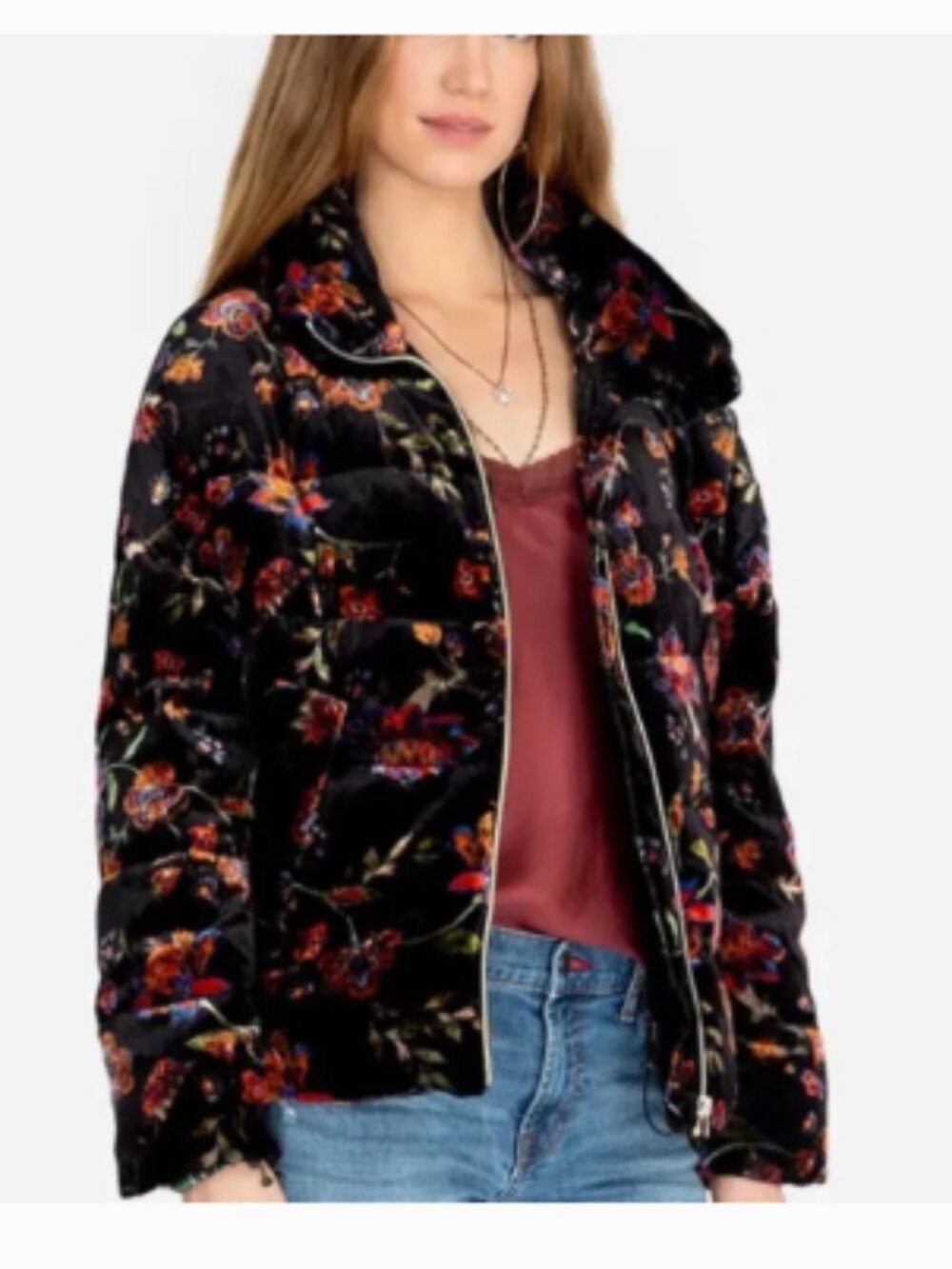 Johnny Was Taryn Black Floral Velvet Puffer Jacket Zip Front Quilted Sz M